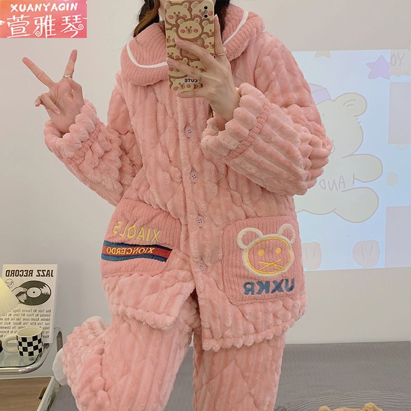 雙面珊瑚絨睡衣女冬季新款保暖三層夾棉加厚套裝學生加大碼家居服