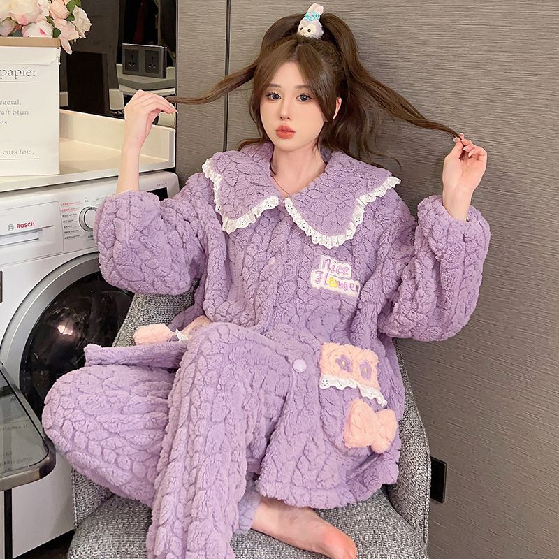 加肥加大碼220斤睡衣女秋冬季珊瑚絨新款甜美加絨加厚套裝家居服