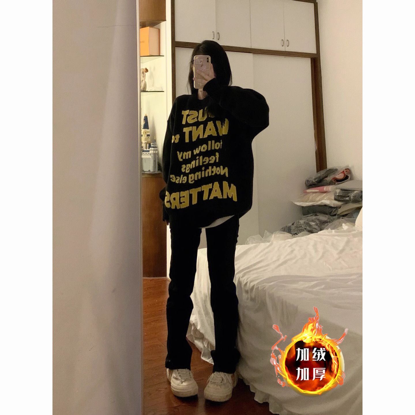 美式高街窄版直筒修身牛仔褲女秋冬加絨小眾高腰顯瘦煙管長褲潮牌