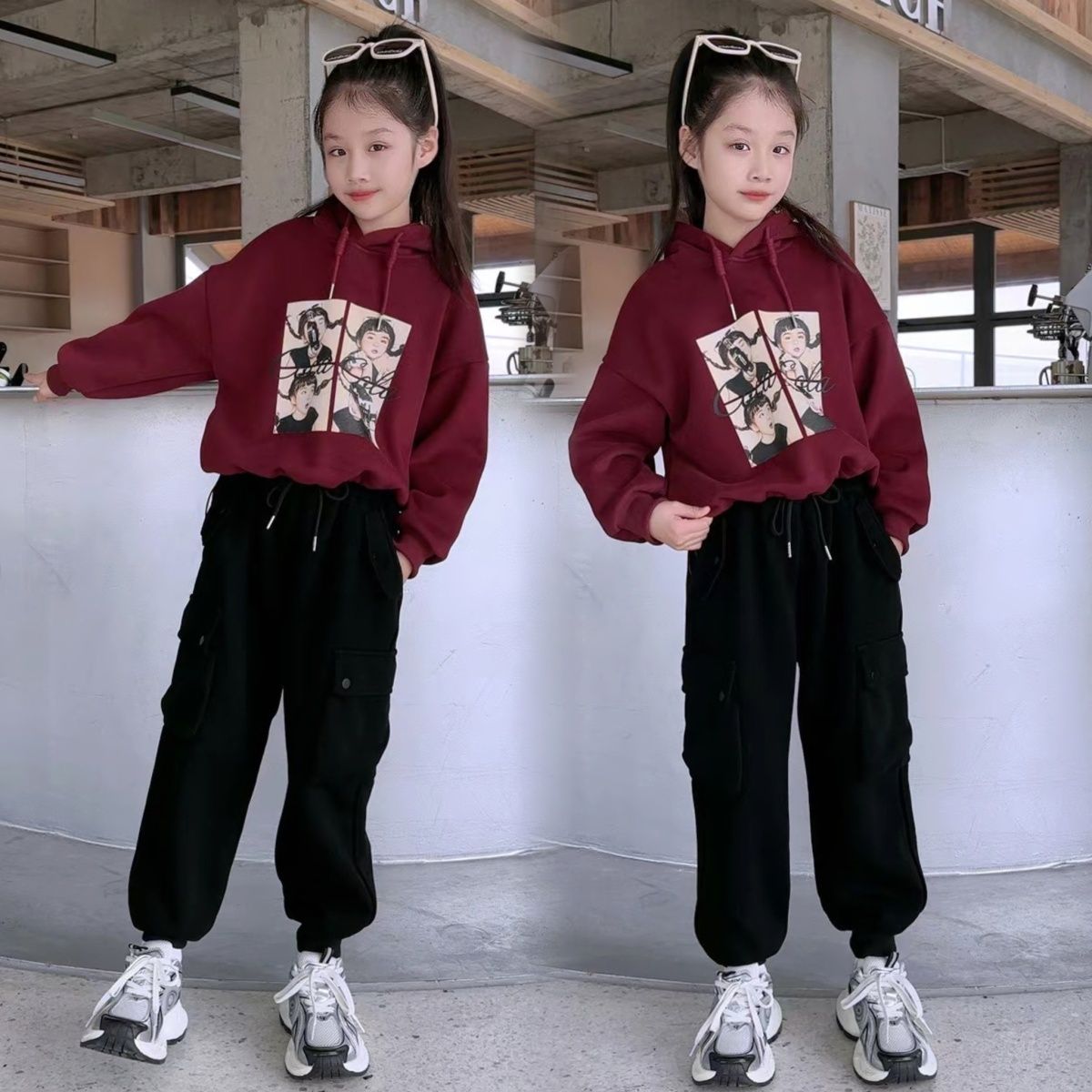 女童冬装套装2023新款韩系中大儿童网红爆款加绒卫衣工装裤两件套
