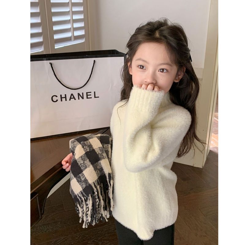 Girls turtleneck solid color Korean sweater autumn and winter children's soft and waxy western style children's long-sleeved warm knitted sweater children's clothing