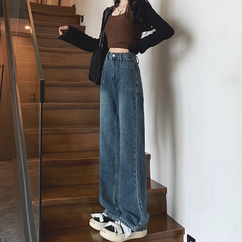 韓系復古藍高腰直筒牛仔褲女春秋新款寬鬆顯瘦垂感闊腿拖地長褲子