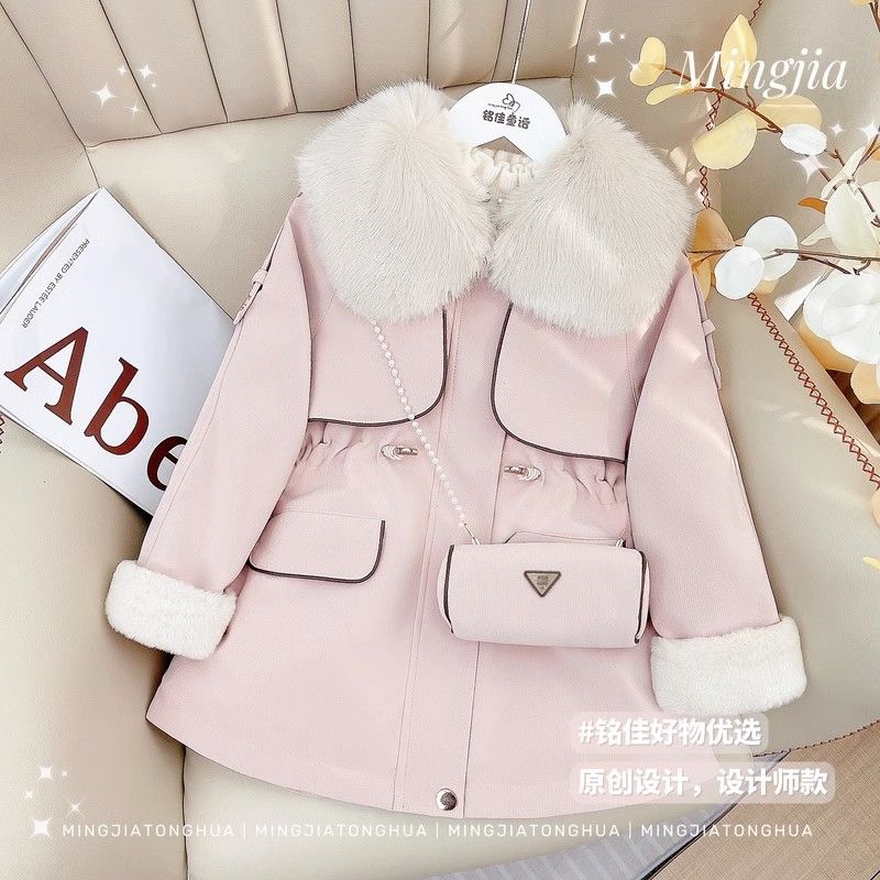 Girls' parkas winter clothes  new winter style medium and large children's style plus velvet thickened jackets children's fashionable leather jackets