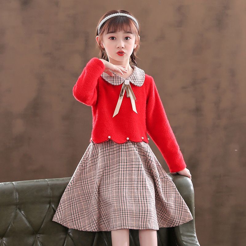 女童连衣裙冬季新款红色洋气裙子儿童毛衣公主裙女孩加绒冬裙