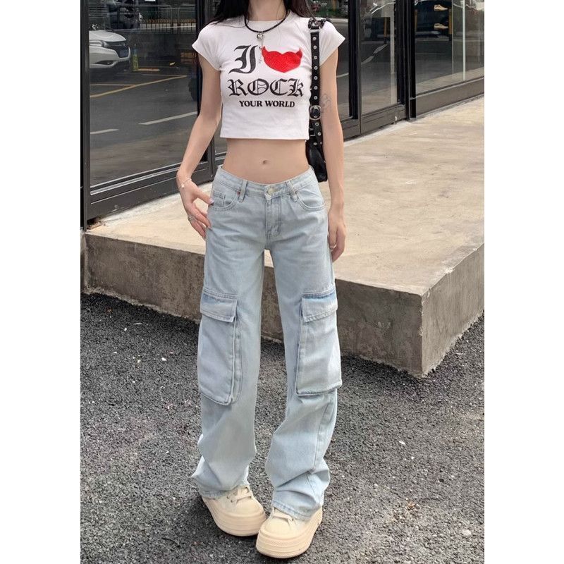 春秋季2023年新款高腰直筒寬鬆闊腿牛仔褲女淺色復古美式工裝褲女