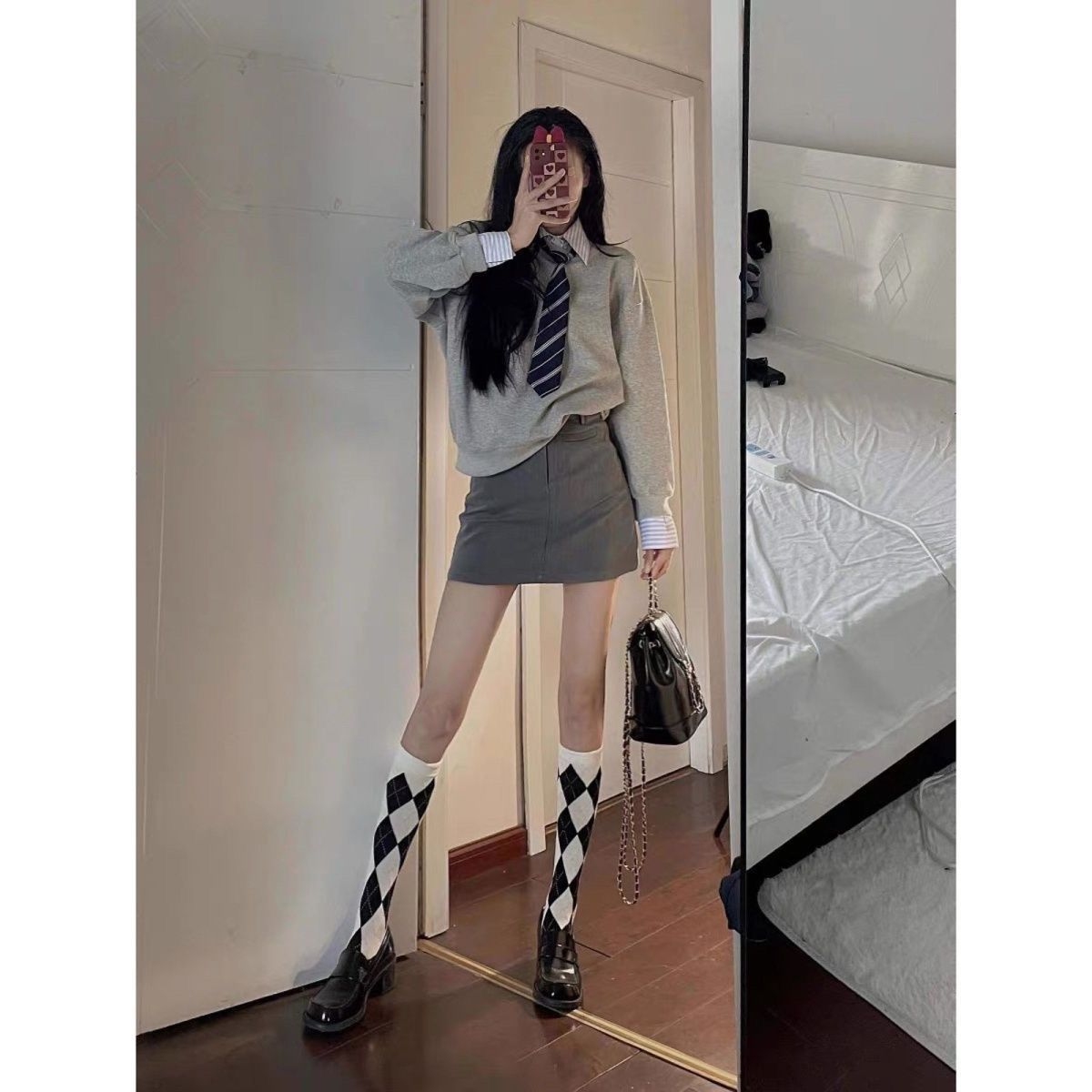 學院風減齡灰色條紋襯衫領假兩件衛衣2023秋季新款設計感寬鬆上衣