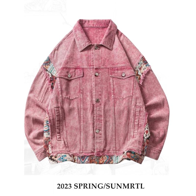 AONW spring retro dirty pink denim jacket women's niche design ethnic style splicing washed denim jacket