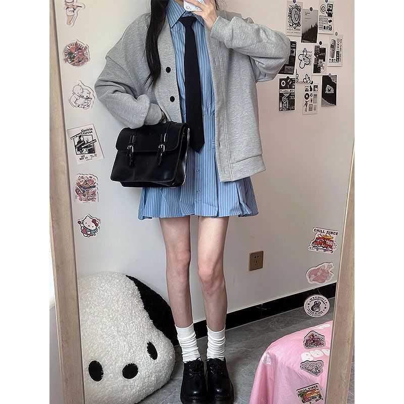 學院風春秋款復古oversize衛衣女刺繡寬鬆慵懶開衫通勤外套兩件套