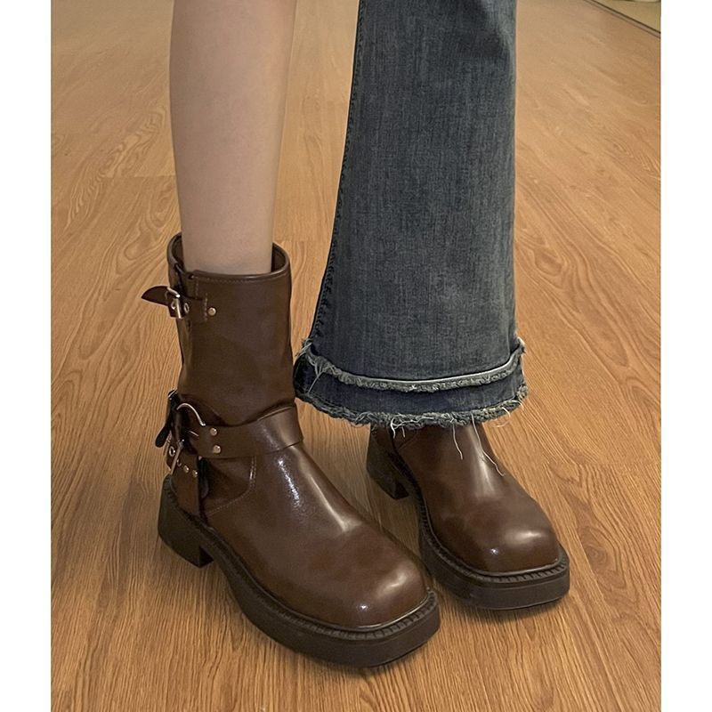 棕色厚底马丁靴女2023新款夏秋季英伦风复古西部牛仔靴显高显瘦