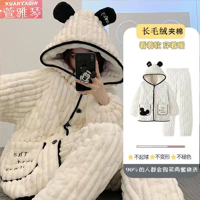 連帽睡衣女冬季加厚珊瑚絨防寒保暖女士三層夾棉卡通家居服可外穿