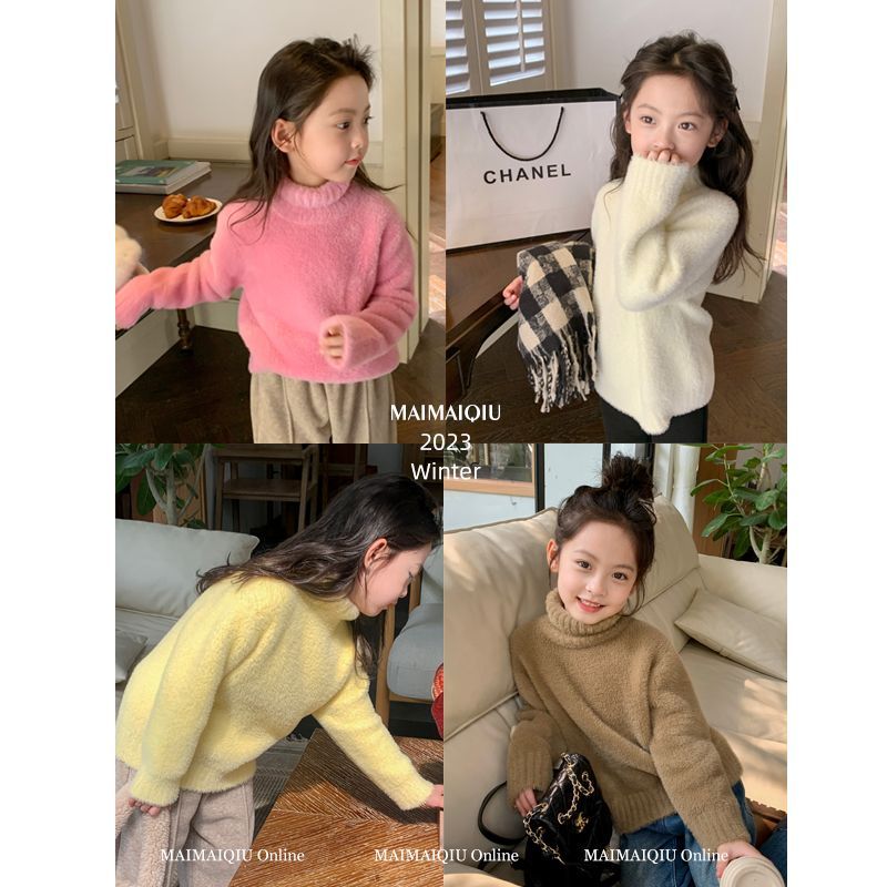 Girls turtleneck solid color Korean sweater autumn and winter children's soft and waxy western style children's long-sleeved warm knitted sweater children's clothing