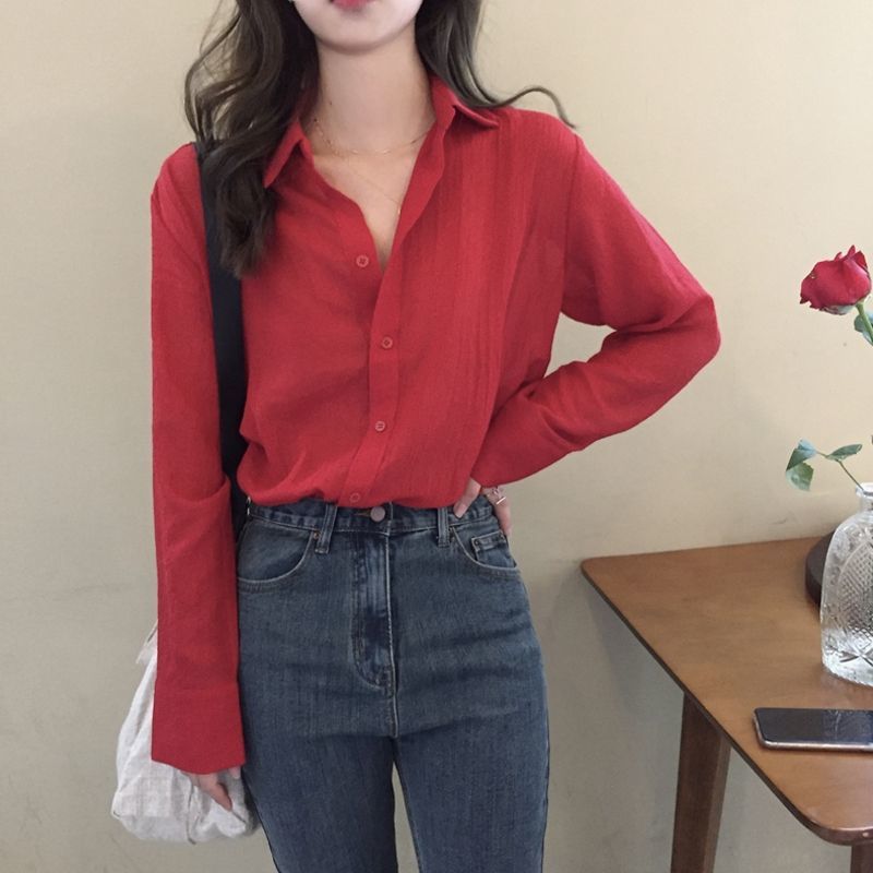 港味復古紅色長袖襯衫女春秋新款寬鬆設計感小眾疊穿時尚氣質上衣