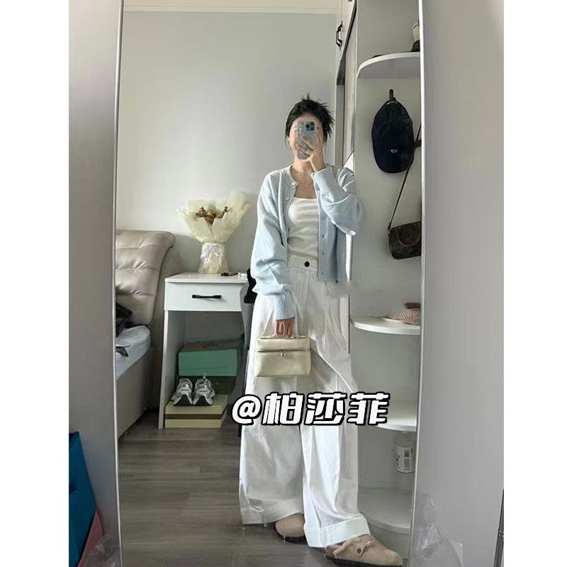 秋季新款針織開衫上衣小眾設計感吊帶背心高腰休閒闊腿褲三件套女