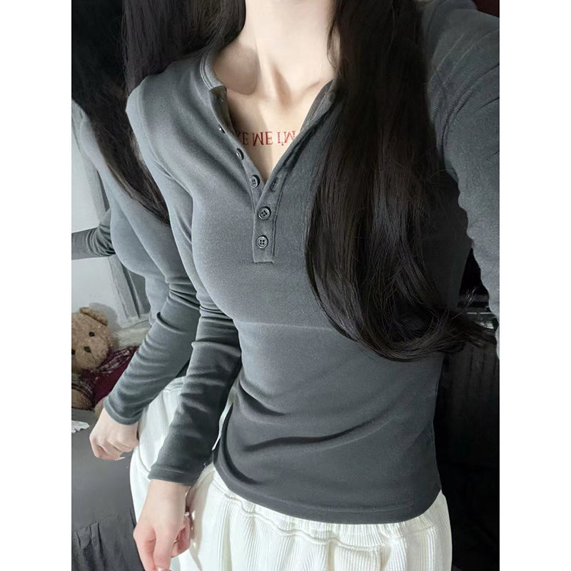 辣妹polo領打底衫女秋冬2023新款設計感小眾修身短款長袖內搭上衣