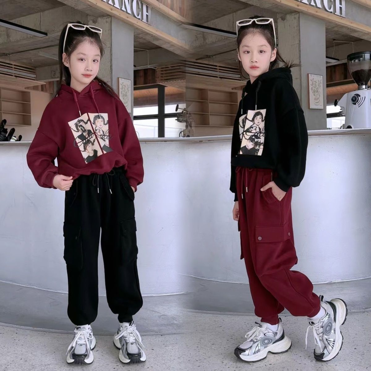 女童冬装套装2023新款韩系中大儿童网红爆款加绒卫衣工装裤两件套