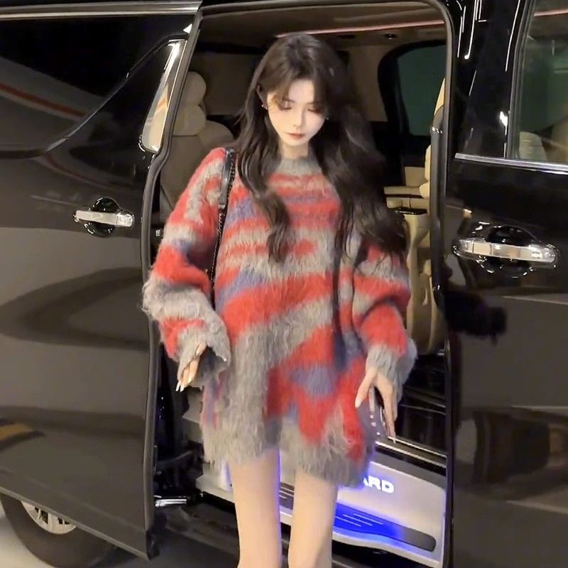 美式復古撞色馬海毛慵懶風毛衣女秋冬季小眾氛圍感寬鬆針織衫上衣