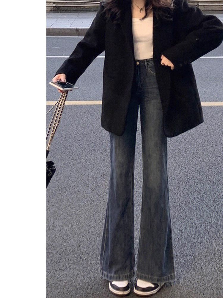 藍灰色微喇牛仔褲女秋冬2023年新款高腰顯瘦大碼梨型身材喇叭褲子