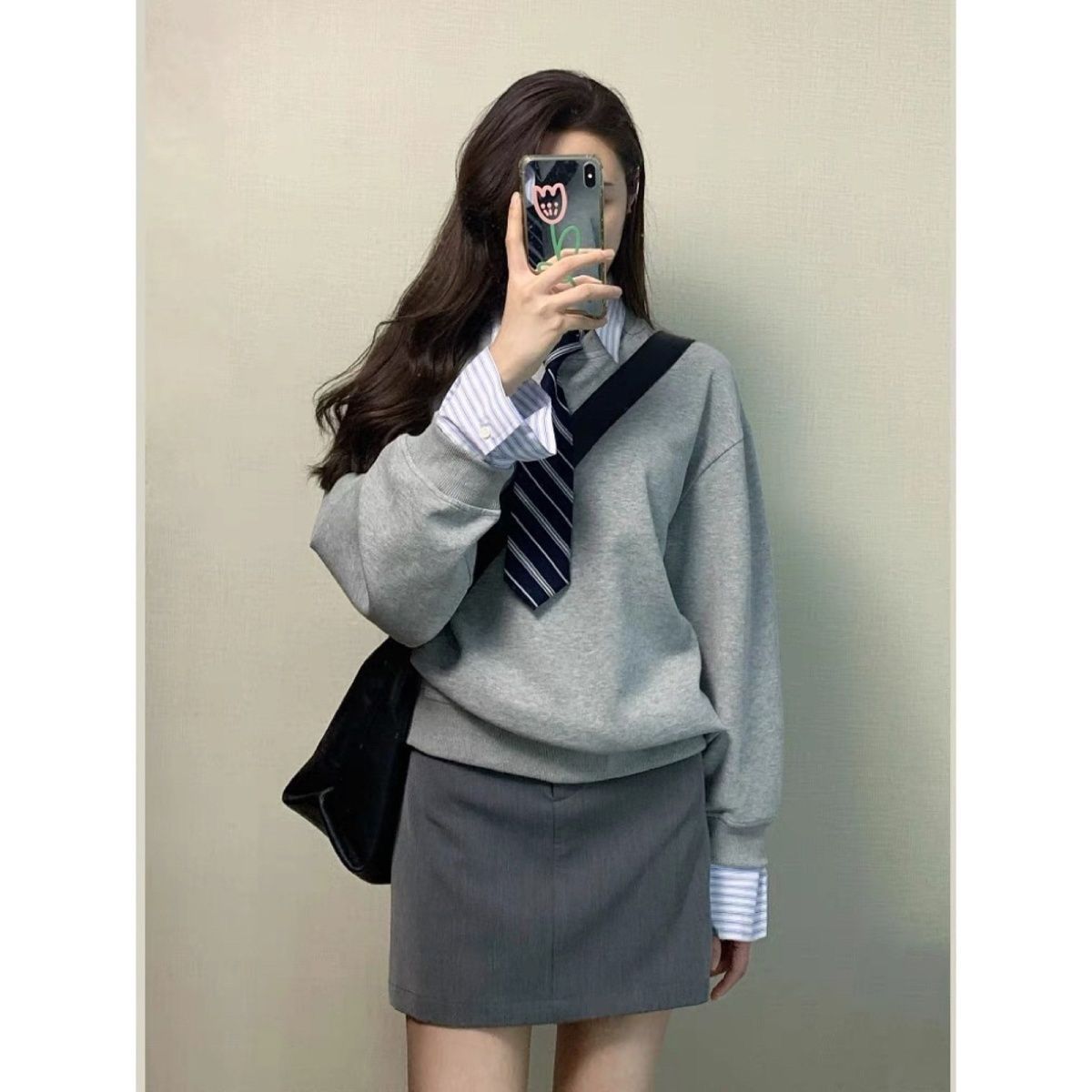 大碼胖MM2023年學院風套裝女早秋新款假兩件拼接衛衣+短裙兩件套