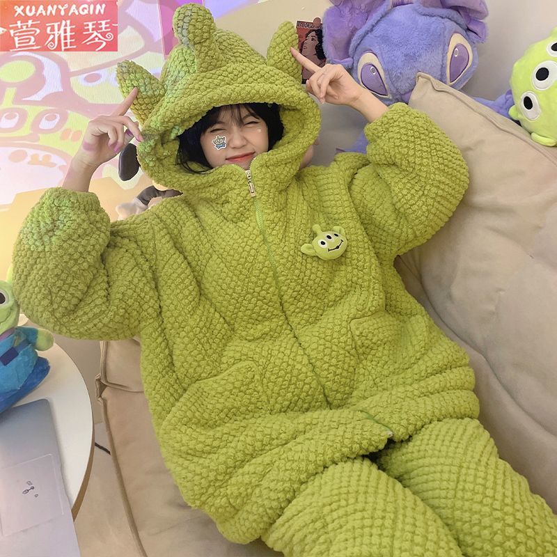 100%三層夾棉睡衣女冬季加厚學生可外穿珊瑚絨可愛卡通連帽家居服