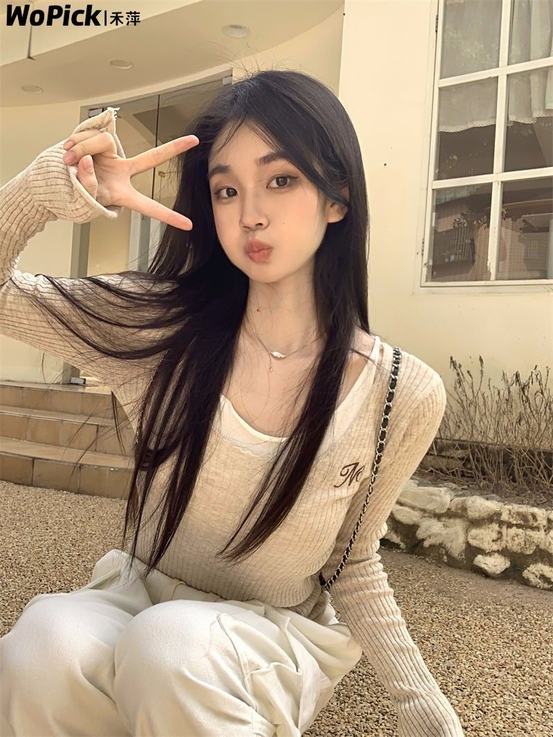 假兩件長袖掛脖針織衫女秋季韓版氣質修身打底衫撞色拼接外穿上衣