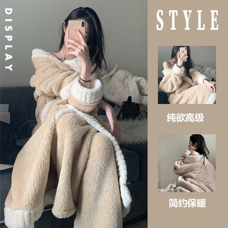 珊瑚絨睡衣女冬季新款加絨加厚氣質高級感睡袍長褲居家服兩件套裝