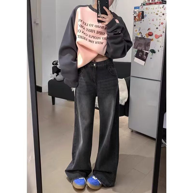 美式復古寬鬆闊腿黑灰牛仔褲女秋冬新款顯瘦直筒ins百搭拖地褲子