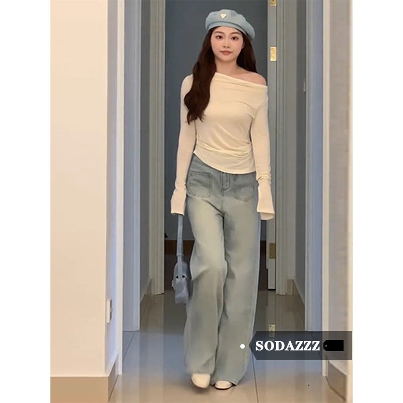 SODAZZZ白色不規則長袖T恤女秋微胖顯瘦露肩設計感打底衫內搭上衣