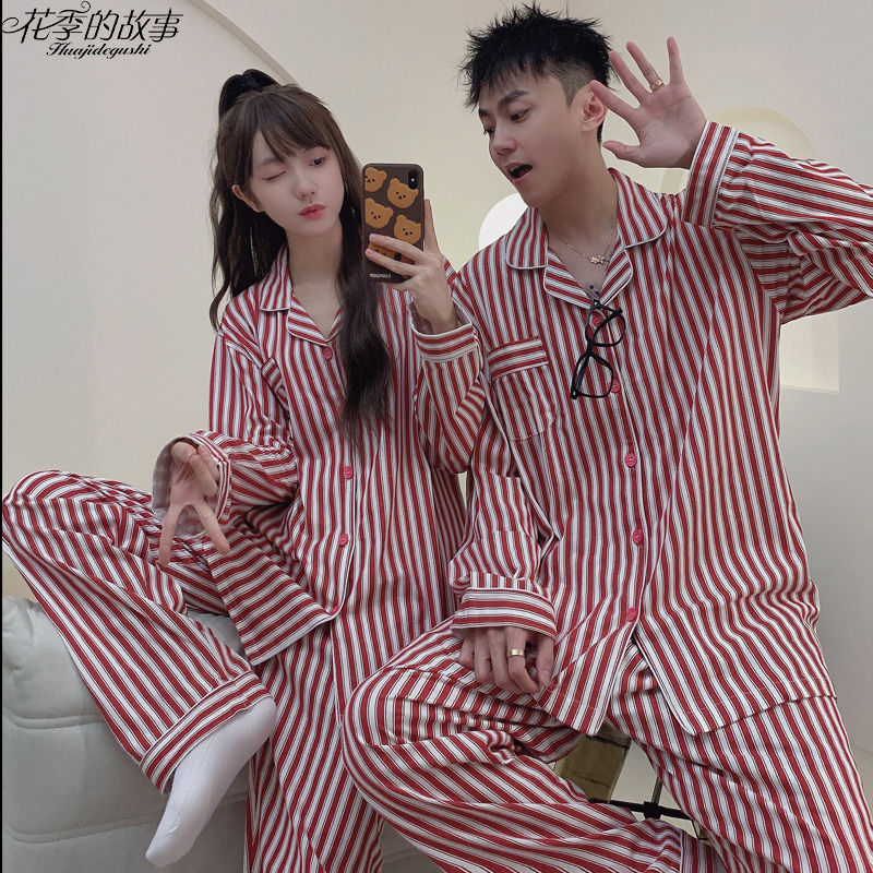 The story of the flower season, spring and autumn pajamas for women, long-sleeved trousers for one man and one woman, simple loose red striped home clothes for men