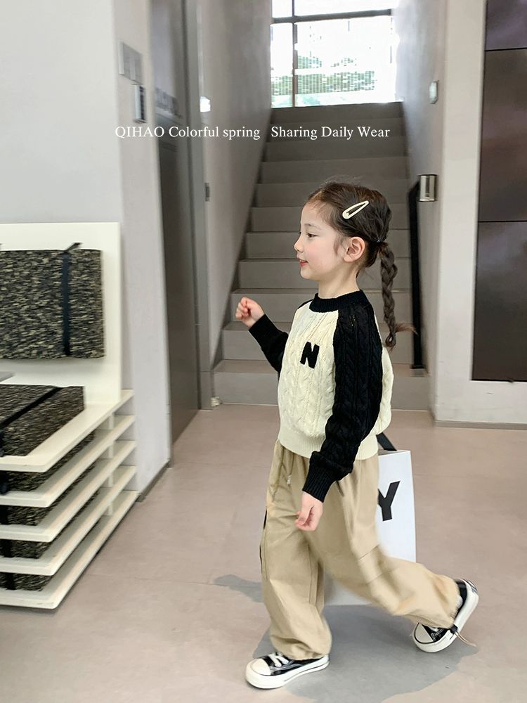 2023女童韓版撞色圓領針織衫秋冬款兒童中小童寶寶長袖毛衣上衣潮