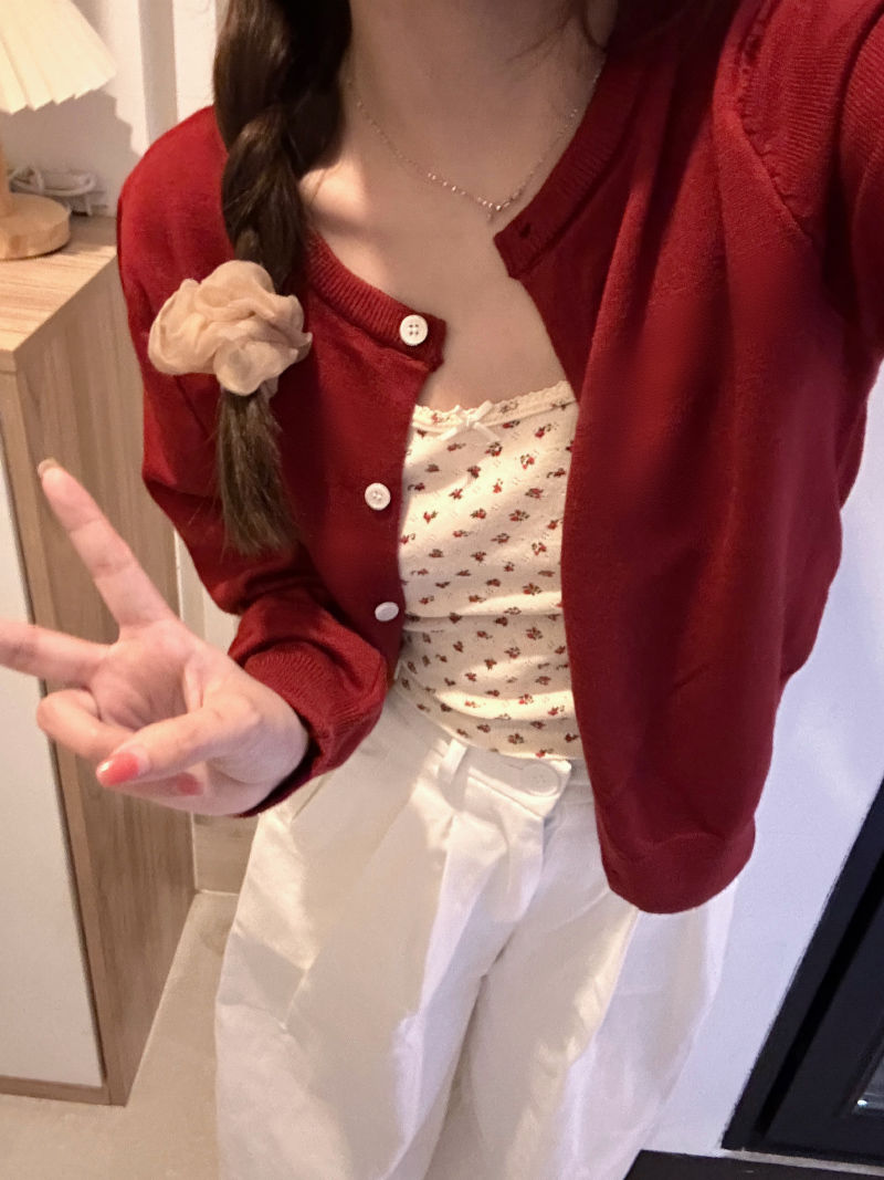 Lazy style red long-sleeved knitted cardigan jacket for women 2023 autumn loose slimming short top trend