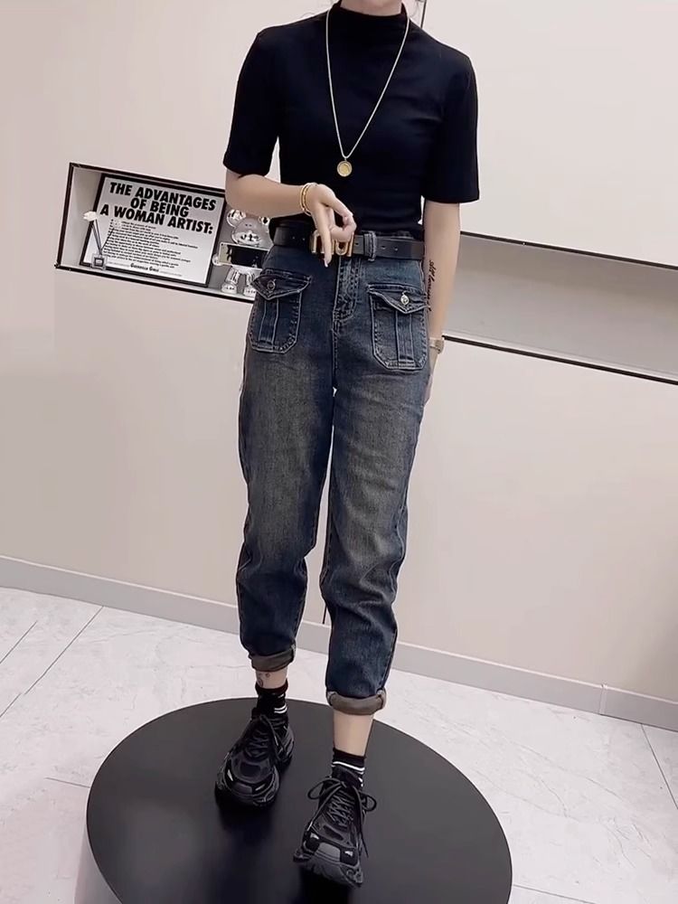 梨型身材老爹牛仔褲女2023年秋季新款大碼高腰寬鬆顯瘦九分哈倫褲