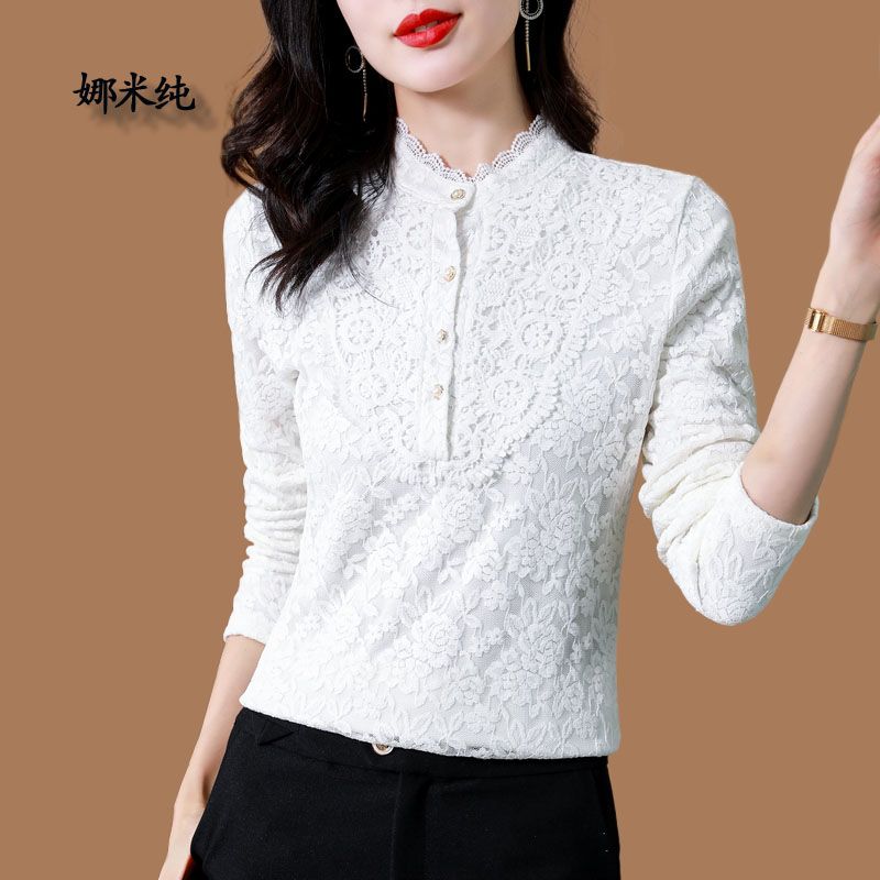 蕾絲加絨打底衫女秋冬新款時尚洋氣修身顯瘦中年媽媽內搭保暖上衣