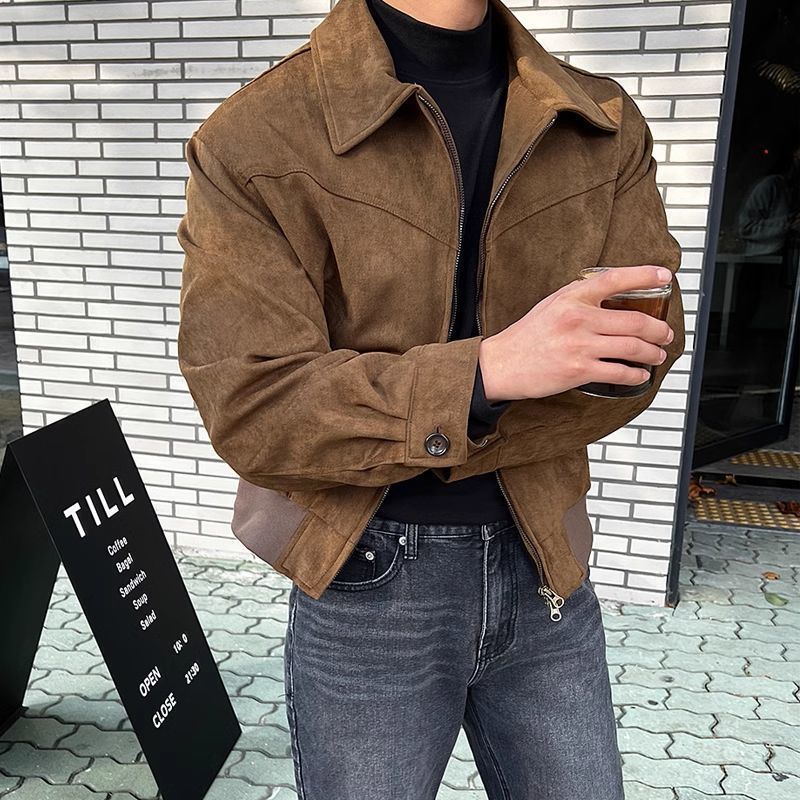 新款外套男高檔寬鬆翻領加絨冬季時尚型男短款夾克港風理髮師外套