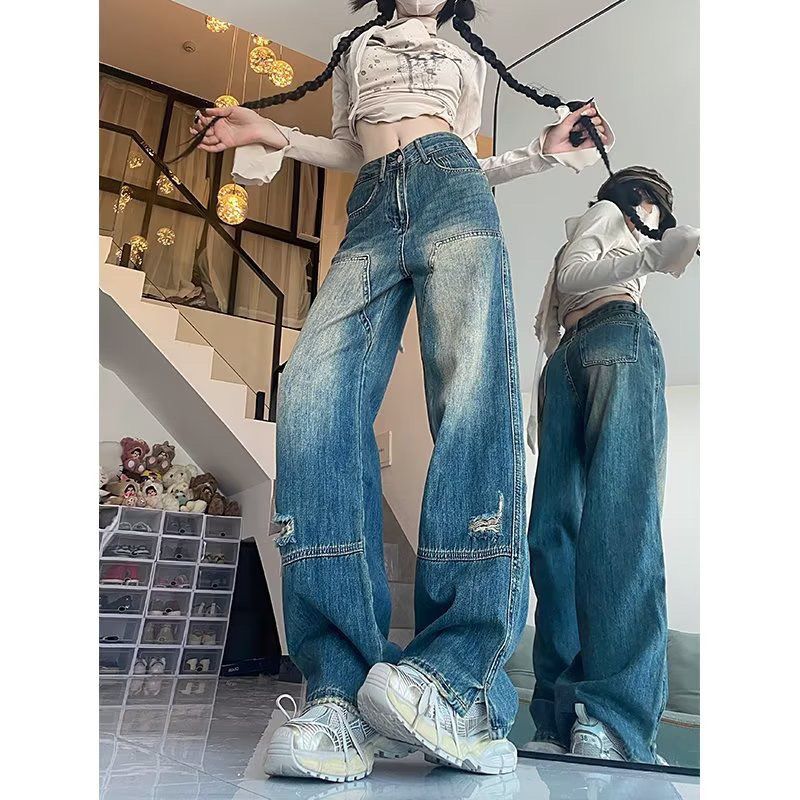 復古漸變闊腿牛仔褲女2023年秋冬新款高腰寬鬆顯瘦開叉直筒拖地褲