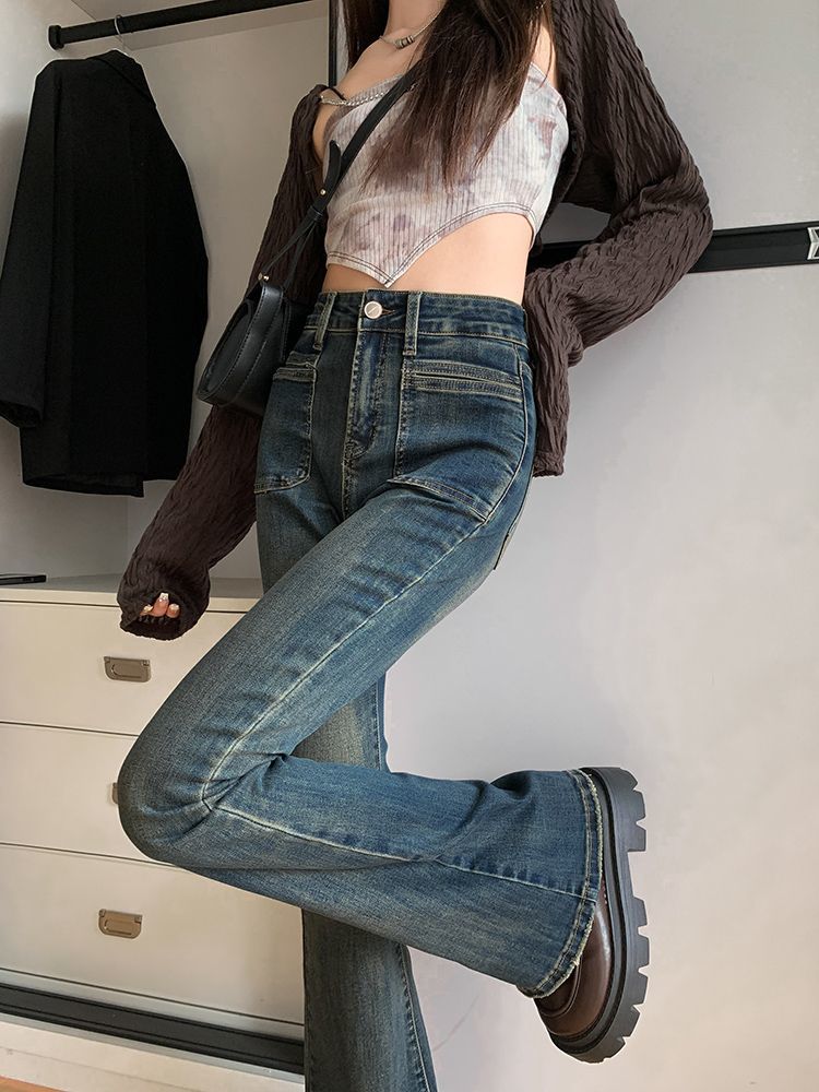 水泥灰微喇牛仔褲女2023春秋新款大碼胖mm高腰修身顯瘦喇叭馬蹄褲
