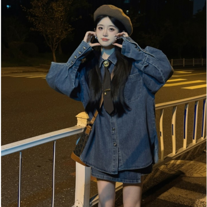 美式復古喇叭袖牛仔襯衫外套潮流休閒半裙甜酷牛仔套裝女兩件套