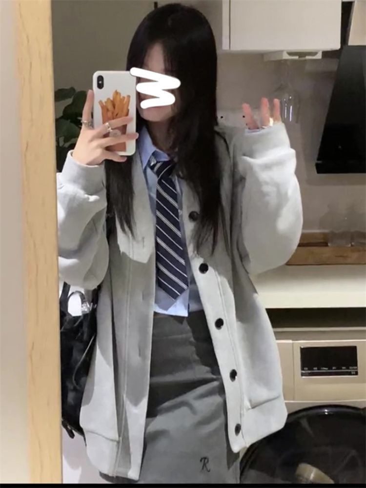 美式學院風灰色V領長袖衛衣外套女秋季寬鬆oversize休閒開衫上衣