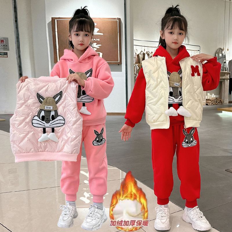 Girls autumn and winter Internet celebrity three-piece set new children's style 3 girls 5 plus velvet and thickened 8 vest sweatshirt 9 years old suit