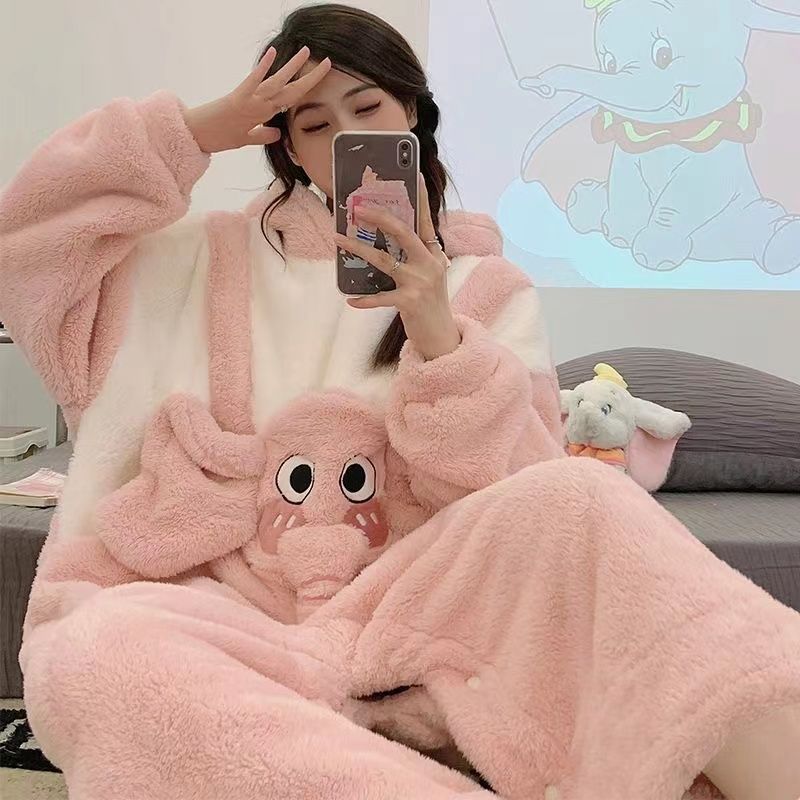 連體粉色小象珊瑚絨睡衣女秋冬季法蘭絨保暖冬天加絨加厚家居服冬