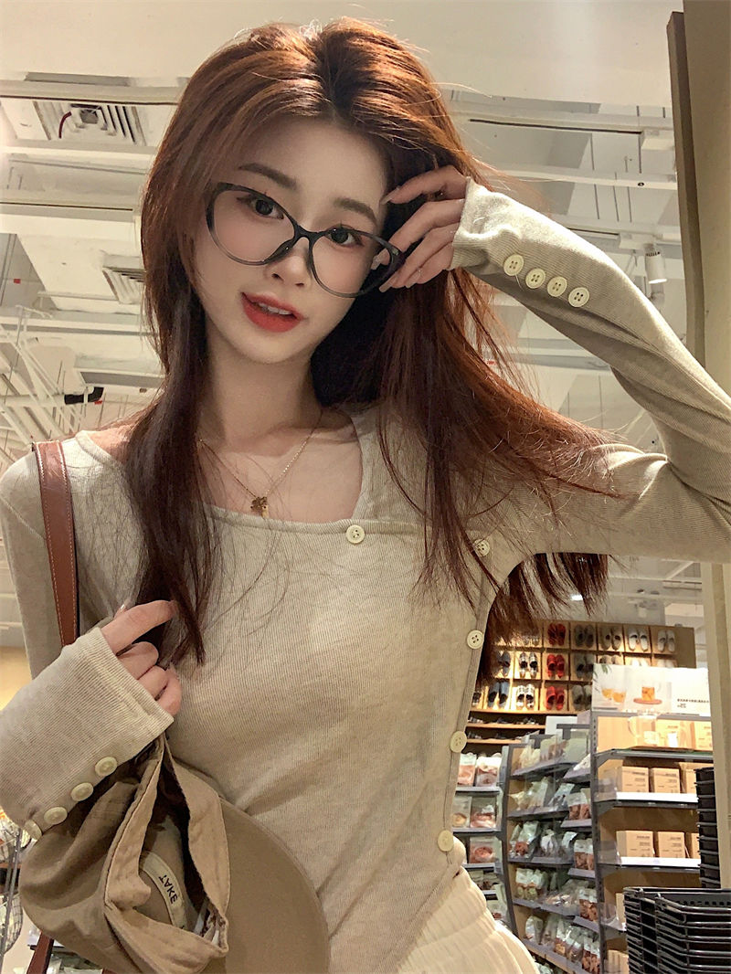 美拉德設計感不規則純色長袖T恤女秋季溫柔顯瘦打底衫休閒上衣ins