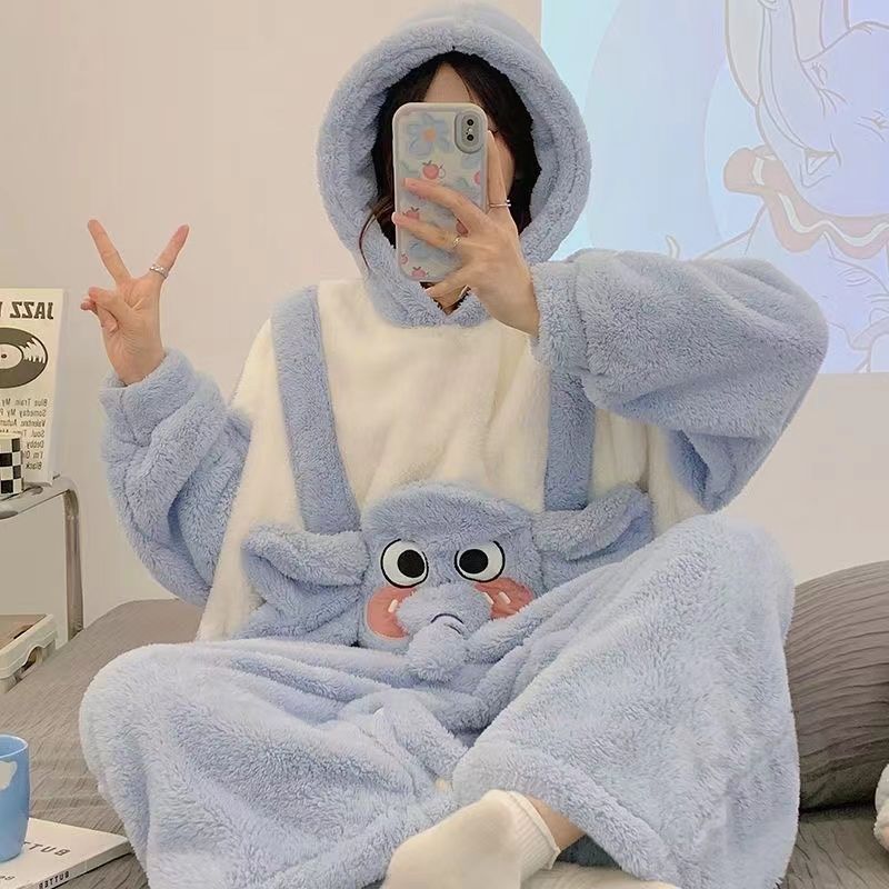 連體小象珊瑚絨睡衣女秋冬款加絨加厚款法蘭絨冬天卡通保暖家居服