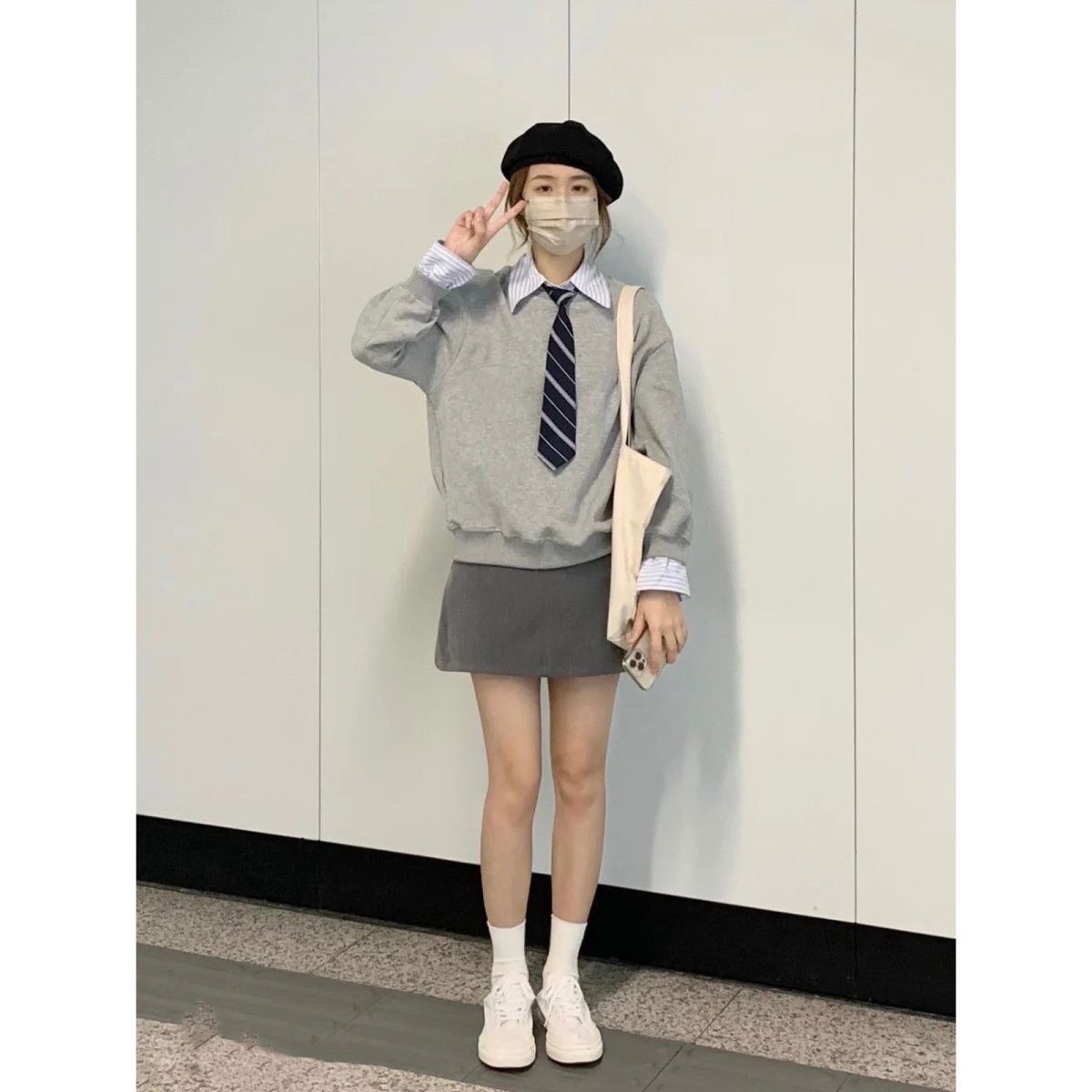 韓系甜美學院風灰色拼接襯衫假兩件衛衣女早秋套頭上衣+短裙套裝