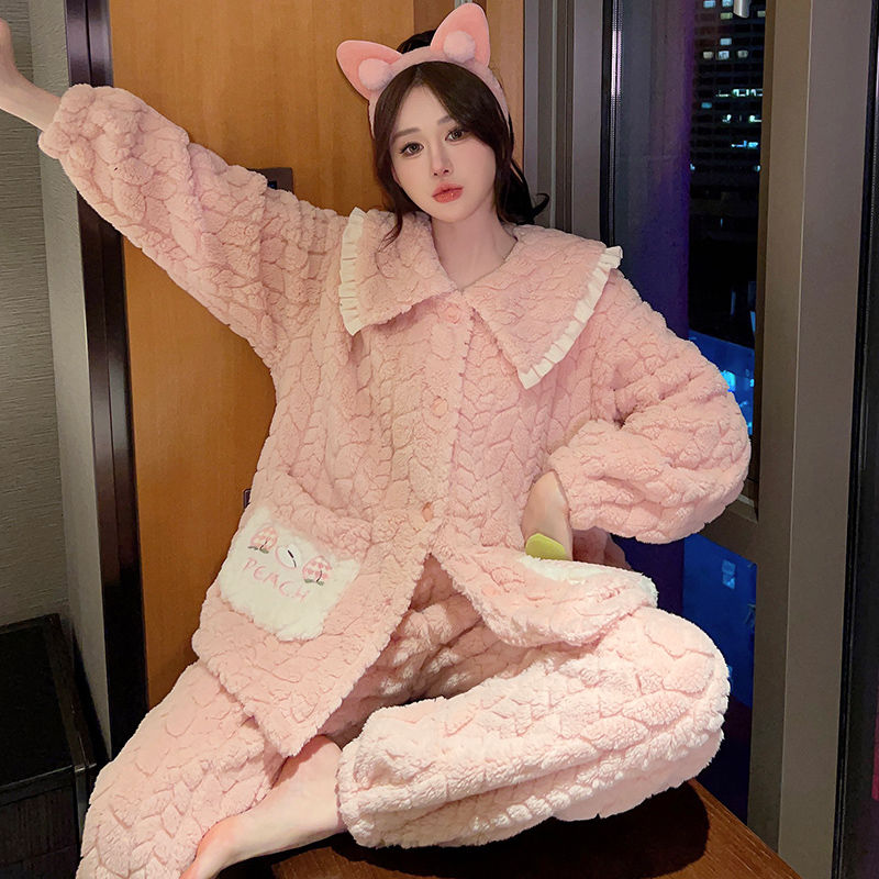 220斤睡衣女秋冬季珊瑚絨新款甜美加絨加厚套裝家居服加肥加大碼