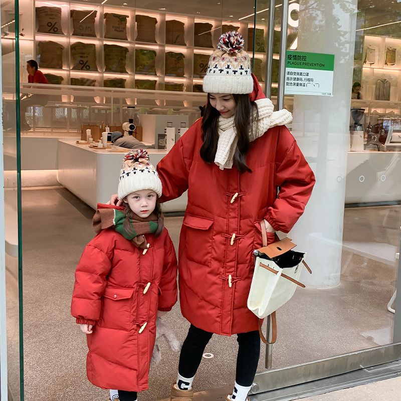 Parent-child down jacket  winter mother and daughter clothing mid-length thickened horn button cotton coat girls jacket new year clothing trend