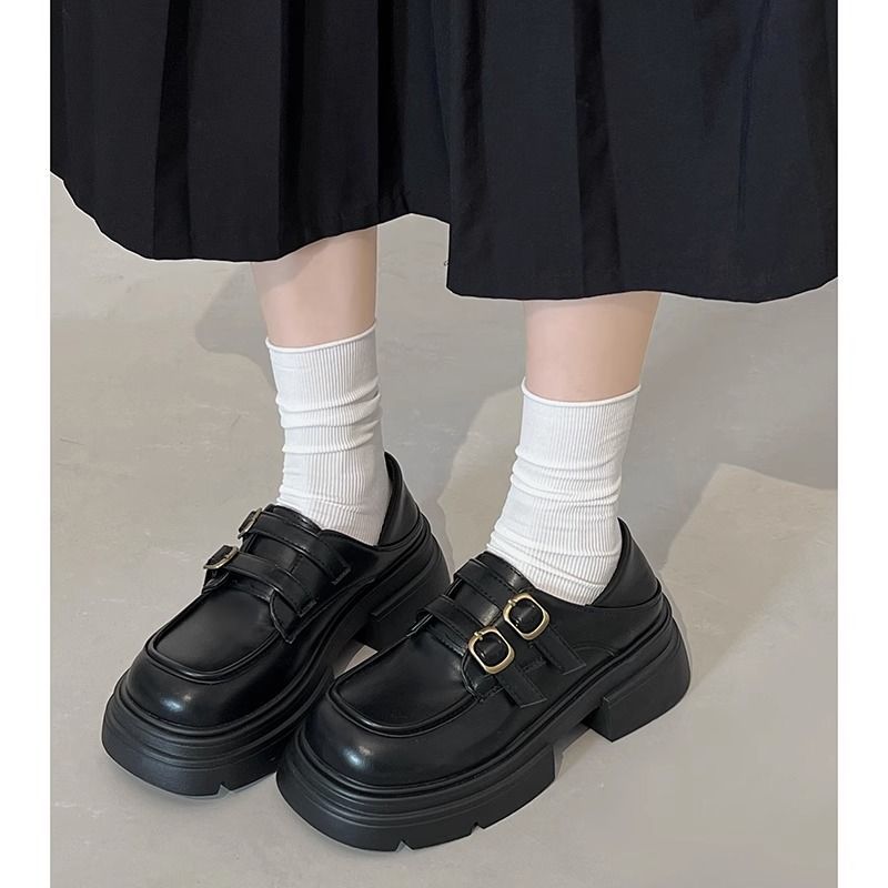 日系黑色學院風樂福厚底小皮鞋女2023新款秋季配裙子百搭粗跟單鞋