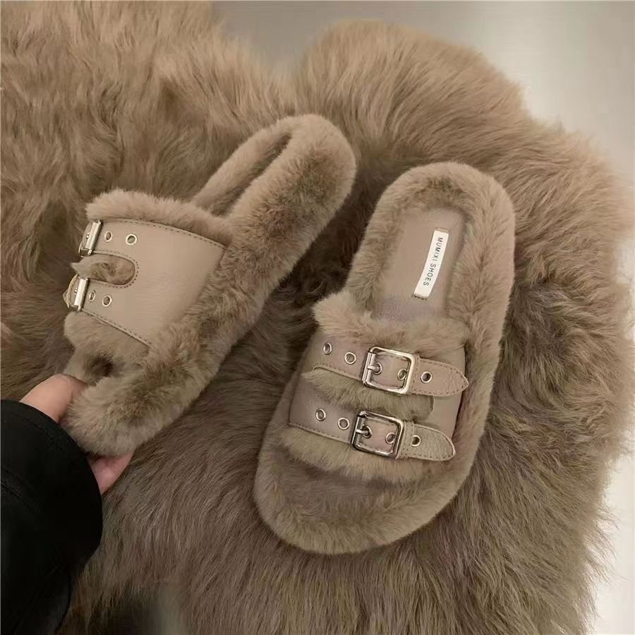 JVBG design evening style white furry shoes for women to wear cotton slippers fashion ins women's shoes 2023 autumn and winter new style