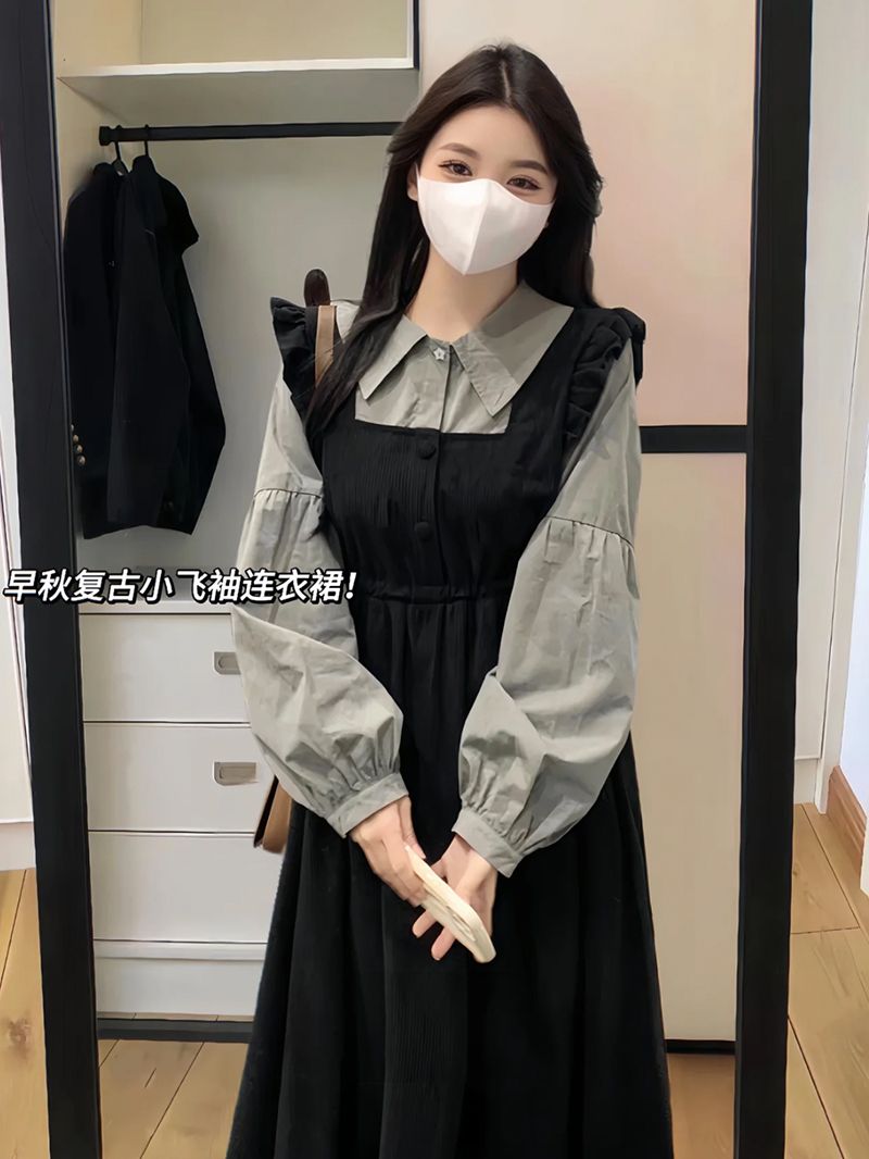 大碼女裝假兩件秋冬連衣裙2023新款甜美收腰長裙子顯瘦遮肉微胖