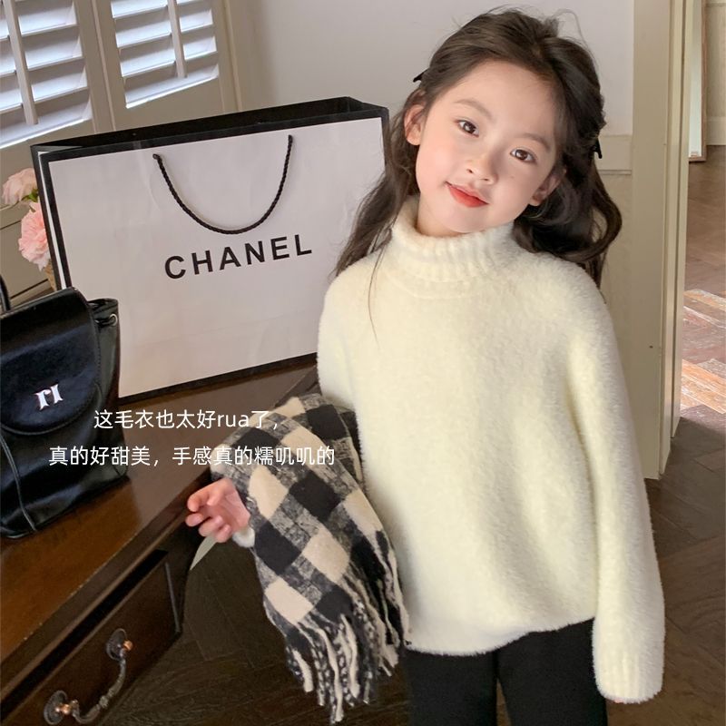 Girls turtleneck solid color Korean sweater autumn and winter children's soft and waxy western style children's long-sleeved warm knitted sweater children's clothing