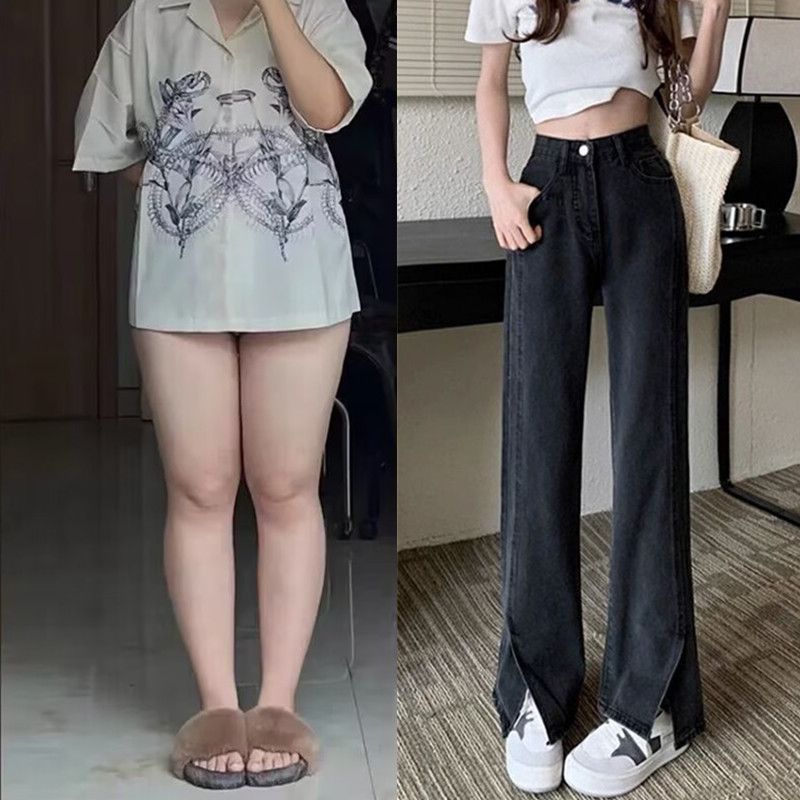 大碼胖妹妹mm復古高腰開叉直筒牛仔褲女秋冬顯瘦遮胯寬鬆闊腿褲子