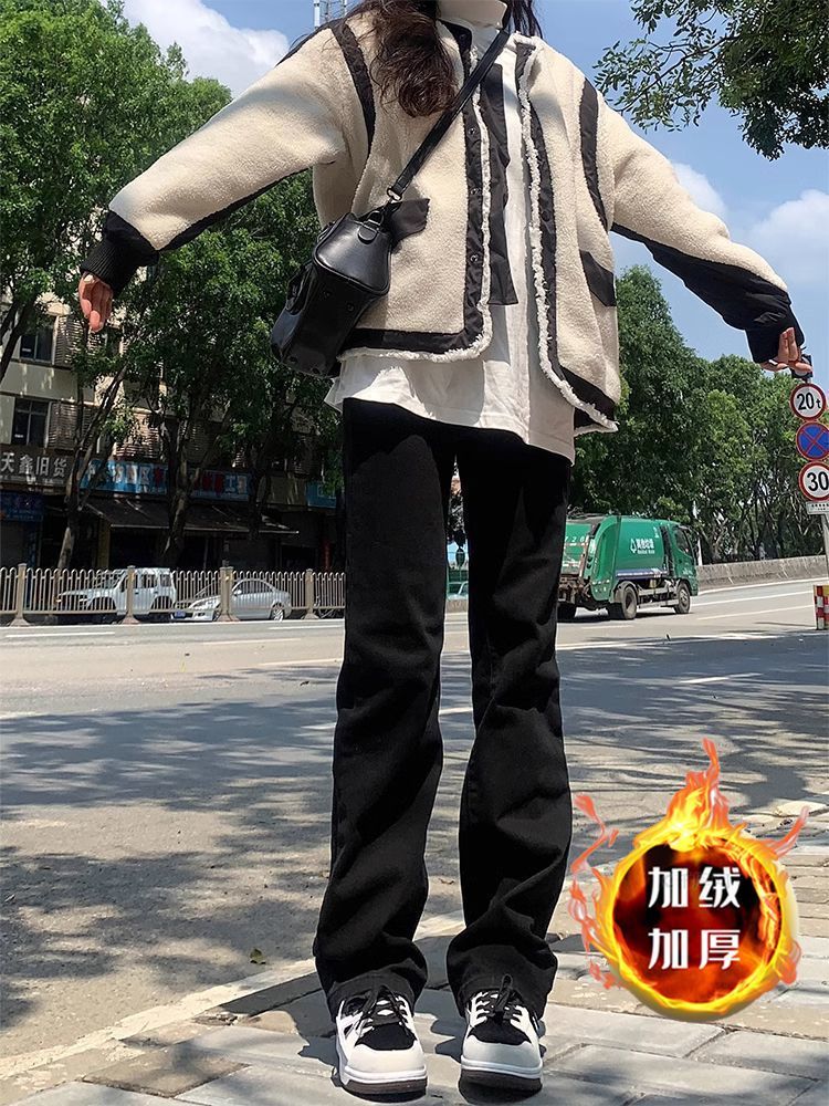黑色窄版牛仔褲女秋冬加絨2023新款高腰顯瘦彈力直筒煙管堆堆褲子